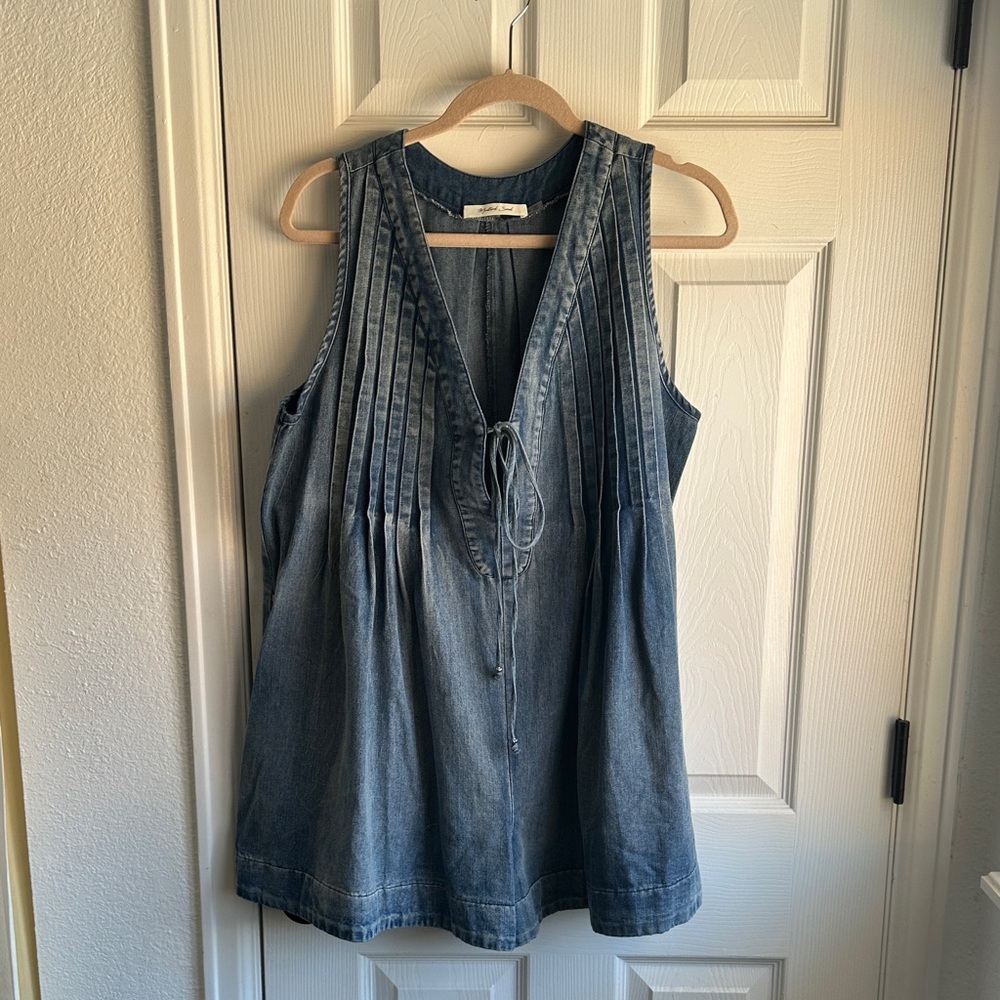Mustard Seed Denim-Look Sleeveless Jumpsuit Romper in Faded Blue